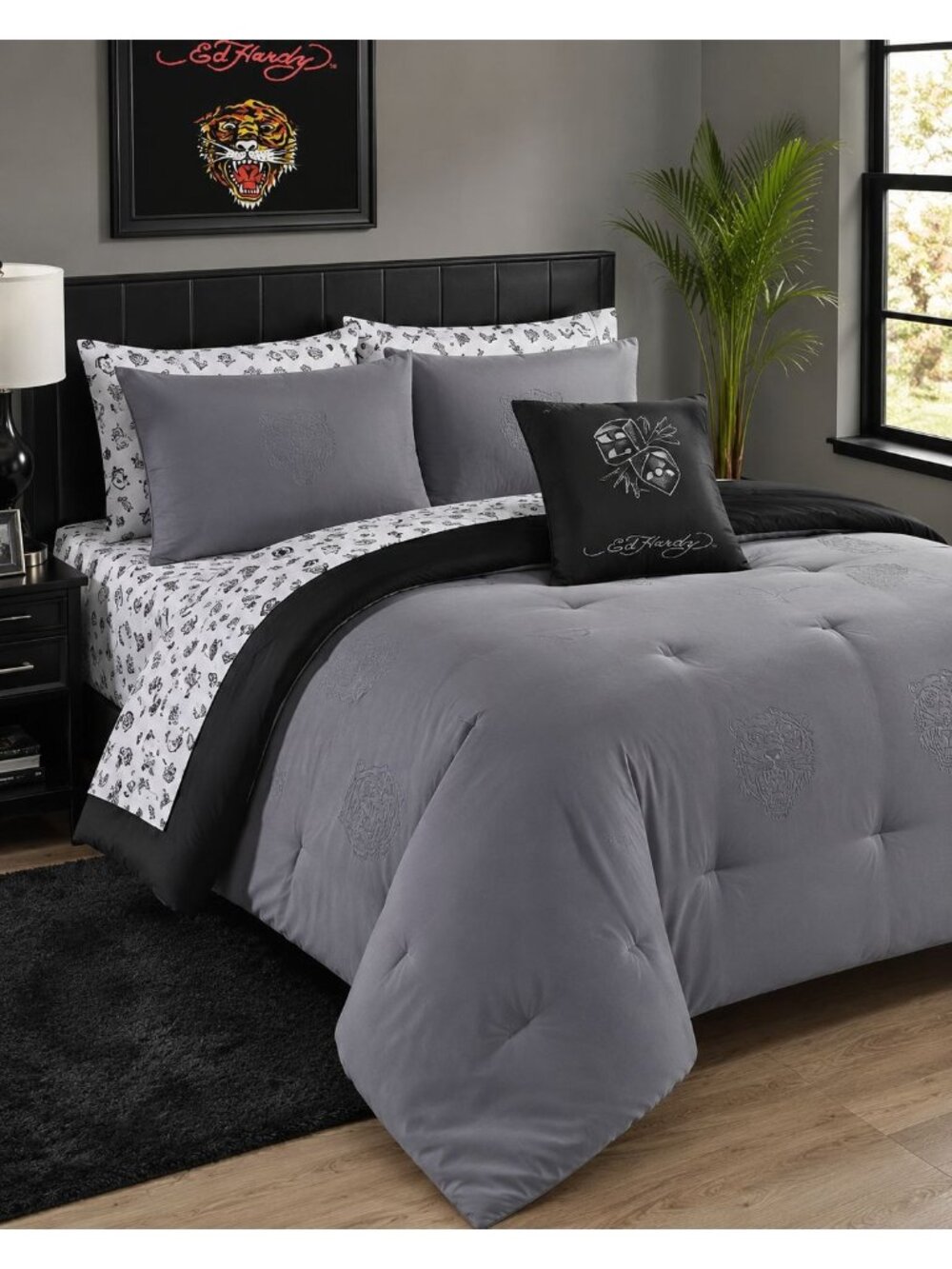 Ed Hardy King Comforter Set w Shams Pillow Sheets - Gray White Cards Dice Skull